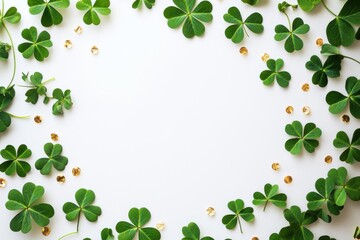 Wall Mural - st. patrick's day frame with clover leaves and golden lights on a white background