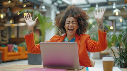 Poster - Celebrating joy and positivity in a vibrant workspace with a smiling individual enjoying a moment of excitement