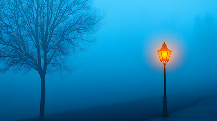 Poster - A solitary street lamp glows warmly in a foggy blue landscape, accompanied by a bare tree, creating an atmospheric and tranquil scene