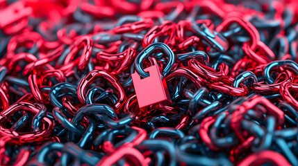 Poster - A vibrant abstract image featuring intertwined red and blue chains, with a prominent red padlock, symbolizing security and connection