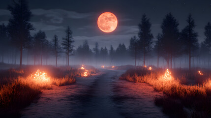 Poster - A mystical night scene featuring a large moon over a foggy forest road, illuminated by glowing fires on either side