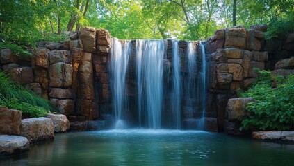 Poster - Serene Waterfall Cascade Surrounded by Vibrant Greenery in Lush Forest Setting with Clear Flowing Water and Smooth Rock Formations