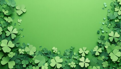 Wall Mural - st. patrick's day background with paper-cut clover leaves and confetti on a green color, flat-lay ba