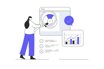 Poster - Digital business concept. Woman Character analyze virtual data. Management, planning, strategy development online. Flat Cartoon Vector Illustration, icon. Stylish abstract Flat design for website