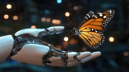 Poster - A futuristic robot hand holding a delicate butterfly.