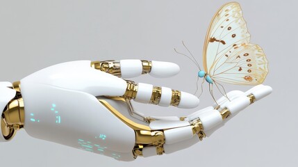 Poster - A futuristic robot hand holding a delicate butterfly.