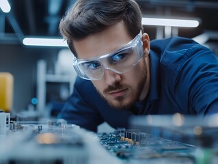 Aufkleber - Focused Engineer Analyzing Circuit Board with Safety Glasses in Lab