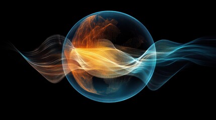 Fototapete - A digital globe with dynamic, flowing lines in orange and blue hues, symbolizing global energy and interconnectedness in the digital age.