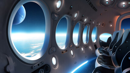 Aufkleber - This Passengers enjoy breathtaking views of Earth and distant planets from a luxurious spaceplane.