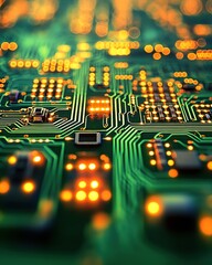 Poster - Intricate green circuit board illuminated with golden light showcasing technology and connectivity in modern design