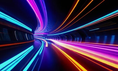 Leinwandbilder - A high-speed futuristic light tunnel, filled with vibrant neon streaks of blue, purple, and orange, creating an immersive sense of motion.