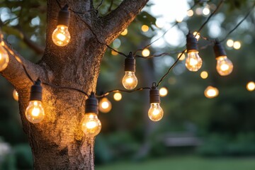 Poster - Warm glow of string lights hanging on tree illuminating serene backyard evening creating cozy atmosphere