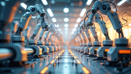 Poster - advanced robotic arms in a high-tech manufacturing facility performing automated assembly tasks