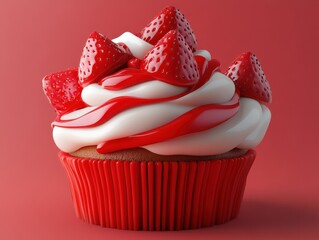 Poster - Delightful Strawberry Cupcake with Creamy Frosting on Red Background a Sweet Treat for Dessert Lovers