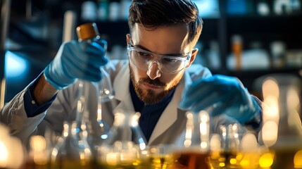 Poster - Researcher Conducts Experiment in Chemistry Lab with Glassware