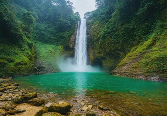 Poster - Serene Waterfall Cascading into Azure Pool Surrounded by Lush Verdant Forest and Rocky Shoreline in a Tropical Paradise