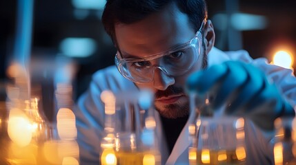 Poster - Scientist Conducting Experiments with Laboratory Glassware and Reagents