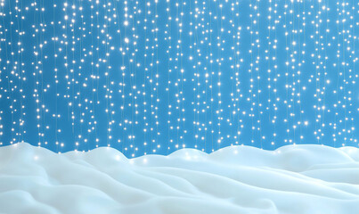 Poster - Decorative lights on blue background with snow. Winter background with decorative lights and snow. Festive background with decorative lights