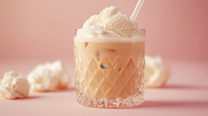 Poster - Refreshing iced coffee with creamy vanilla ice cream on a pink background in a crystal glass for a sweet treat