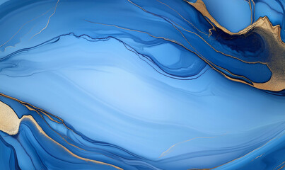 Poster - Abstract Blue and Gold Ink Texture. Blue and gold marble texture with abstract waves. Fluid art with golden veins