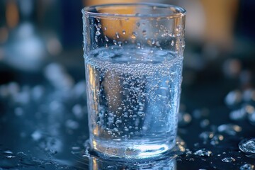 Poster - Refreshing glass of sparkling water with tiny bubbles and condensation droplets on a dark surface close up shot with a shallow depth of field