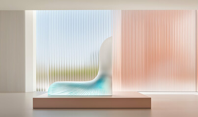 Poster - Modern sculpture on platform in minimalist interior. Interior design with modern sculpture and textured glass panels. Contemporary art installation in bright spacious room