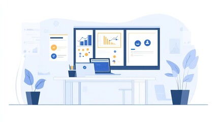 Poster - Modern office workspace with data visualizations