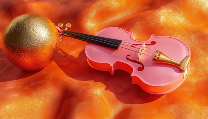 Poster - Pink Violin On A Golden Ball In An Orange Background: A Beautifully Rendered Image Of Musical Elegance And Vibrant Colors.