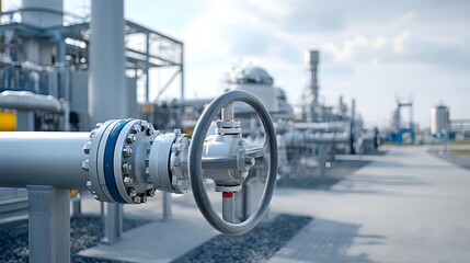 Poster - Close up view of interconnected pipelines valves and other industrial equipment at a gas refinery facility  The smooth