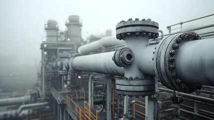 Poster - Close up view of the intricate network of smooth metal pipelines tanks and other industrial at a gas refinery processing plant