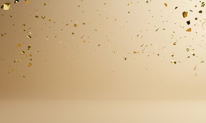 Poster - Gold confetti falling on beige background. Celebration gold confetti for party decorations. Shiny gold confetti