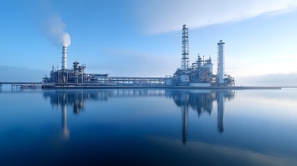 Poster - Serene and Tranquil Industrial Landscape with Oil Refinery Plant Reflected on Calm Water Surface  Peaceful Petrochemical Factory Skyline with Pipes Towers and Storage Tanks