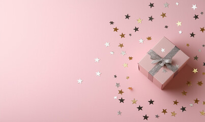 Poster - Gift box with silver ribbon on pink background surrounded by star confetti. Celebration gift box with star confetti for holiday