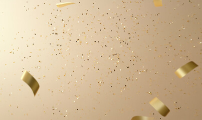 Poster - Confetti celebration background with gold confetti and ribbons. Festive confetti background for party and celebration. Golden confetti falling on beige background