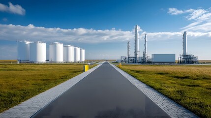 Poster - Sleek and modern fuel storage facility with high tech processing equipment and infrastructure in an industrial landscape  The image showcases the advanced architecture storage tanks
