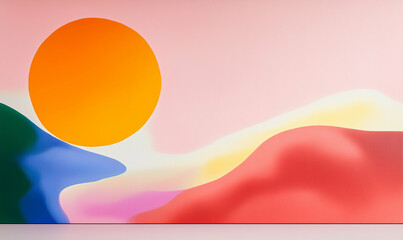 Poster - Abstract colorful landscape art with orange sun. Modern abstract scenery with colorful hills and sun. Abstract landscape background