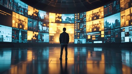 A lone man stands in a dark, futuristic room, facing a massive digital wall filled with hundreds of glowing screens displaying various scenes of cityscapes, cyberpunk environments, news footage.