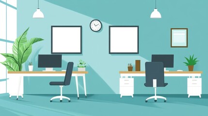 Poster - Modern office workspace with two desks, plants, and empty frames.  Suitable for presentations, articles, and posters
