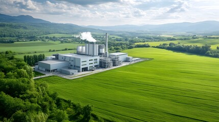 Poster - Aerial drone shot of an eco friendly biofuel processing plant nestled in a picturesque green countryside landscape showcasing the of sustainable energy production and natural environments