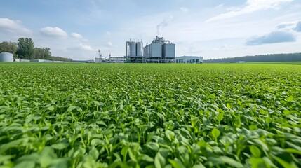 Poster - Aerial view of a modern green biofuel power plant surrounded by lush verdant countryside landscape with rolling fields silos and clean energy infrastructure