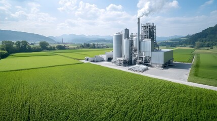 Aufkleber - Modern biofuel processing plant with industrial equipment situated amidst a serene rural landscape of lush green fields and rolling hills