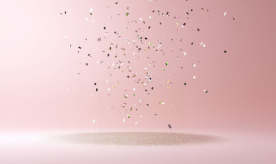 Poster - Confetti falling on pink background. Celebration with confetti on pink background. Glitter confetti explosion on pink background