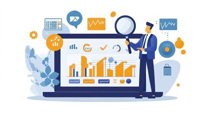 Poster - Businessman analyzing data on laptop, modern infographic