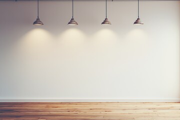 Aufkleber - Minimalist interior with a blank white wall, four vintage-style pendant lights, and a wooden floor, ideal for gallery exhibitions, branding mockups, and creative design presentations