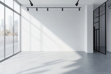 Aufkleber - Modern minimalist interior with a blank white wall, track lighting, and floor-to-ceiling windows offering a city skyline view, ideal for gallery exhibitions, branding mockups, and design presentations