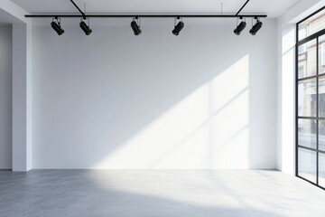 Poster - Minimalist interior with a blank white wall, track lighting, and large windows, ideal for gallery exhibitions, branding mockups, and design presentations