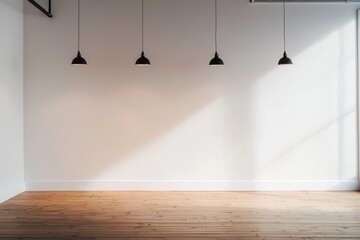 Aufkleber - Minimalist interior with a blank white wall, four black pendant lights, and a wooden floor, ideal for gallery exhibitions, branding mockups, and creative design presentations