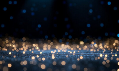 Poster - Bokeh Lights Background with Gold and Blue Bokeh. Abstract bokeh lights background with blurred gold and blue bokeh lights on dark background. Festive bokeh lights create a magical atmosphere