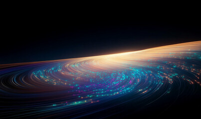 Poster - Abstract light trails swirl in dark space. Light trails create a mesmerizing pattern with blue and gold hues. The trails converge and diverge forming a dynamic and visually captivating composition