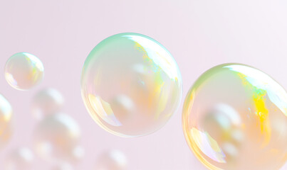 Poster - Bubbles iridescent floating with graphic design. Soap bubbles with iridescent effect create abstract graphic design with light pastel background
